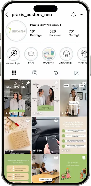Überblick über die Instagram-Seite der Praxis Custers